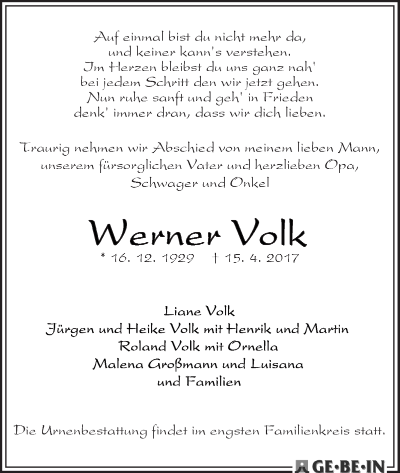 Traueranzeige von Werner Volk von WESER-KURIER