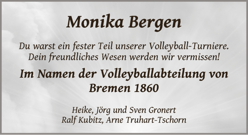 Traueranzeige von Monika Bergen von WESER-KURIER