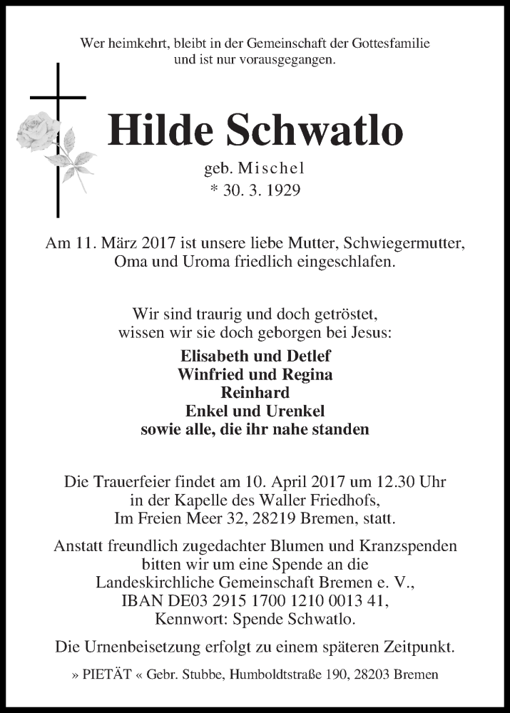 Traueranzeige von Hilde Schwalto von WESER-KURIER