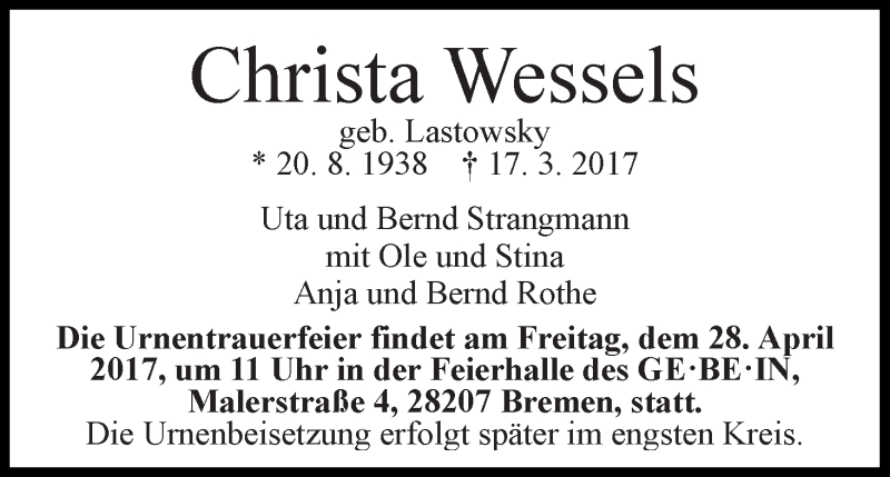 Traueranzeige von Christa Wessels von WESER-KURIER