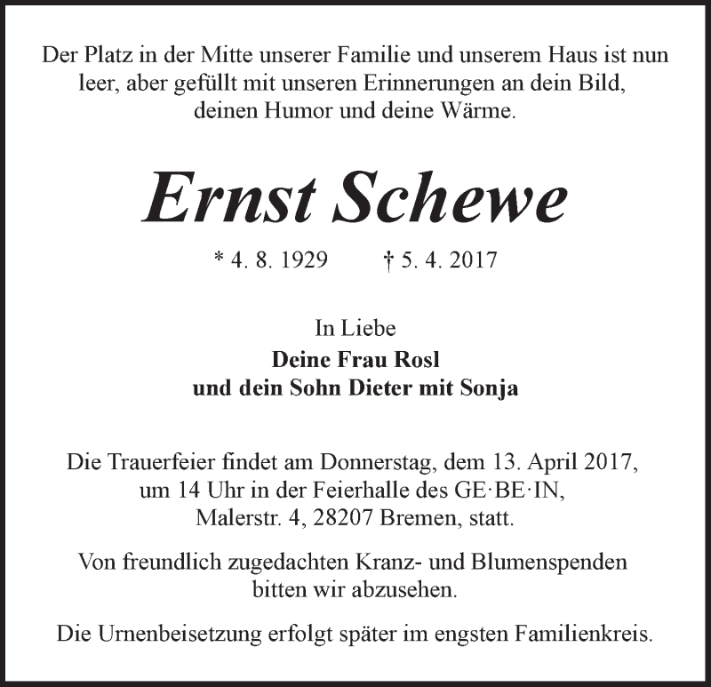 Traueranzeige von Ernst Schewe von WESER-KURIER