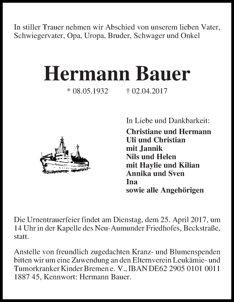 Traueranzeige von Hermann Bauer von Die Norddeutsche