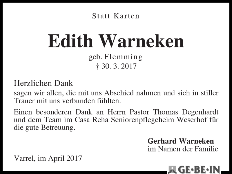 Traueranzeige von Edith Warneken von WESER-KURIER