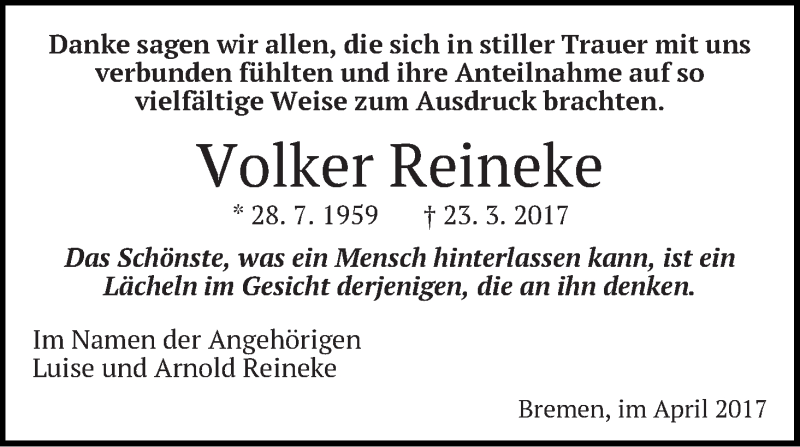 Traueranzeige von Volker Reineke von WESER-KURIER