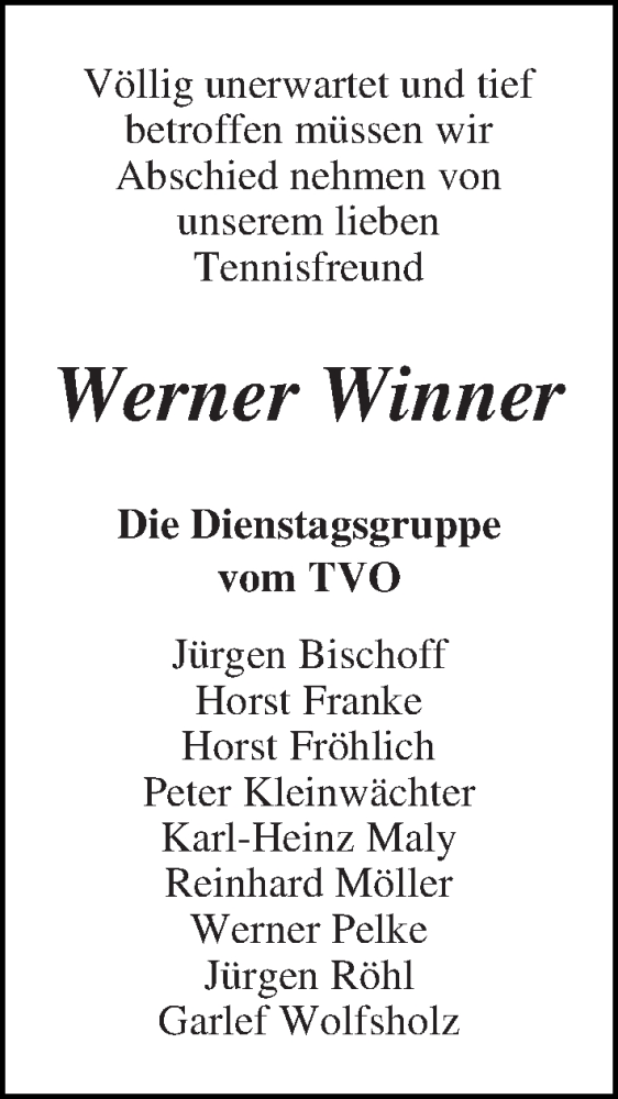 Traueranzeige von Werner Winner von WESER-KURIER