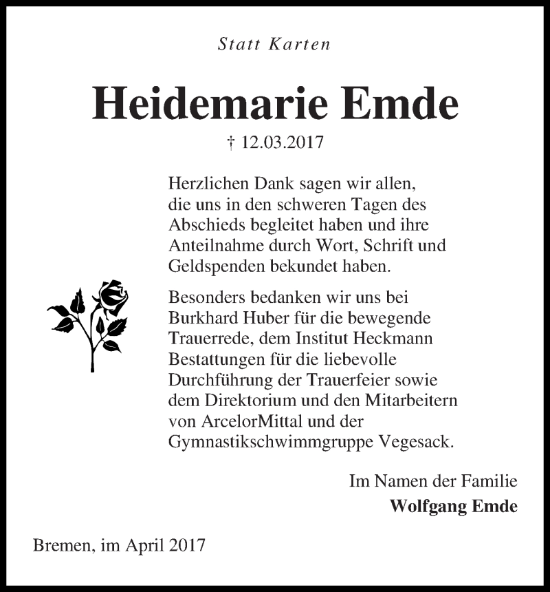 Traueranzeige von Heidemarie Emde von Die Norddeutsche