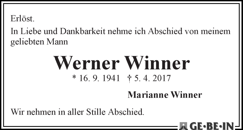 Traueranzeige von Werner Winner von WESER-KURIER