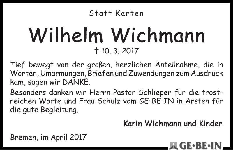Traueranzeige von Wilhelm Wichmann von WESER-KURIER