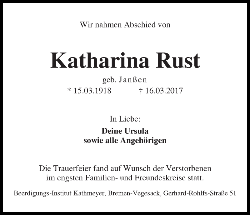 Traueranzeige von Katharina Rust von Die Norddeutsche