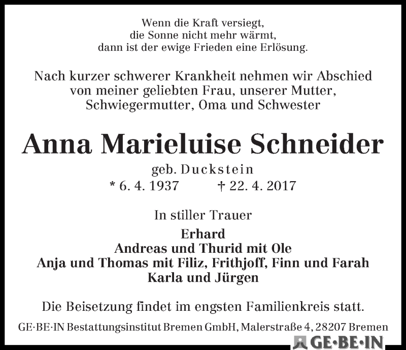 Traueranzeige von Anna Marieluise Schneider von WESER-KURIER