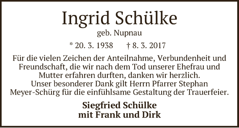 Traueranzeige von Ingrid Schülke von WESER-KURIER