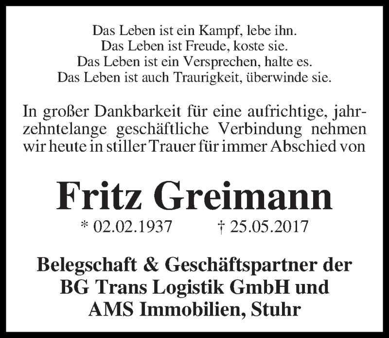 Traueranzeige von Fritz Greimann von WESER-KURIER