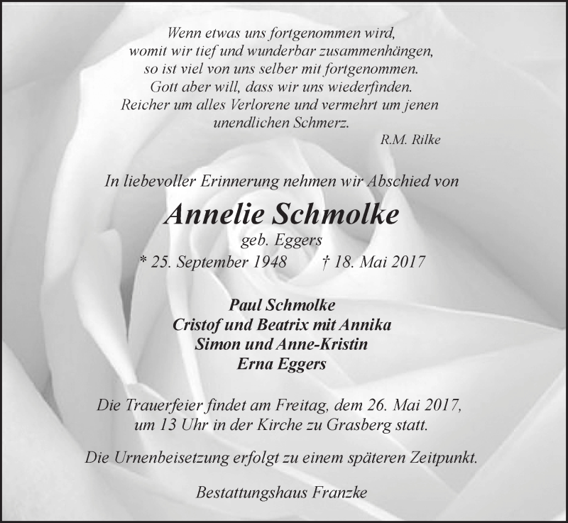 Traueranzeige von Annelie Schmolke von Wuemme Zeitung
