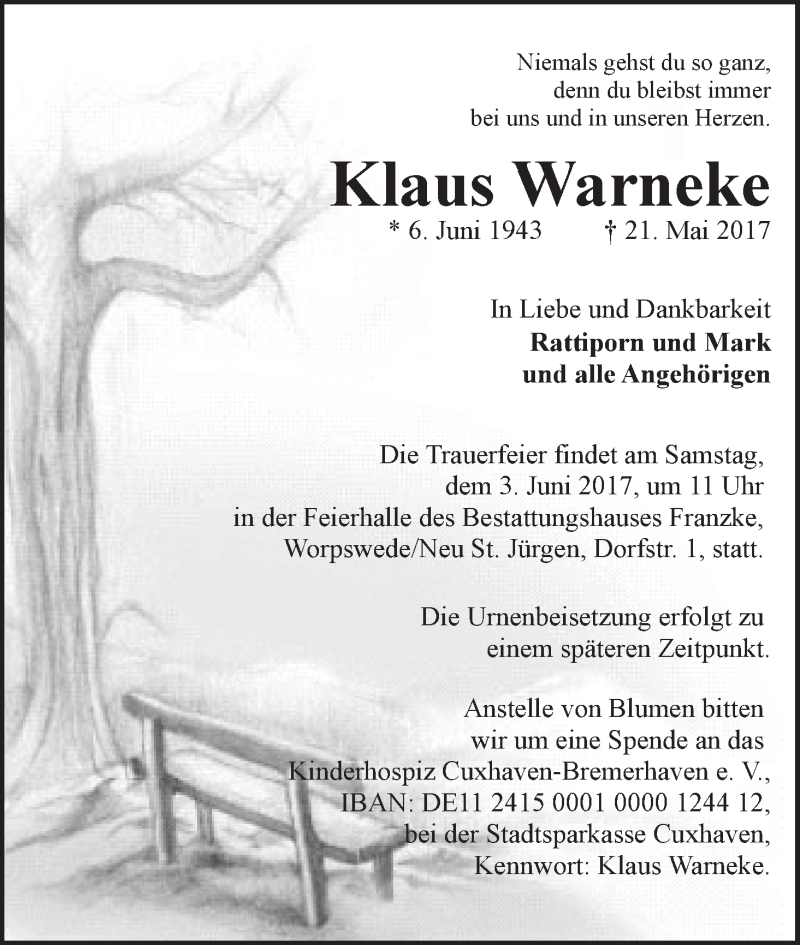 Traueranzeige von Klaus Warneke von Wuemme Zeitung