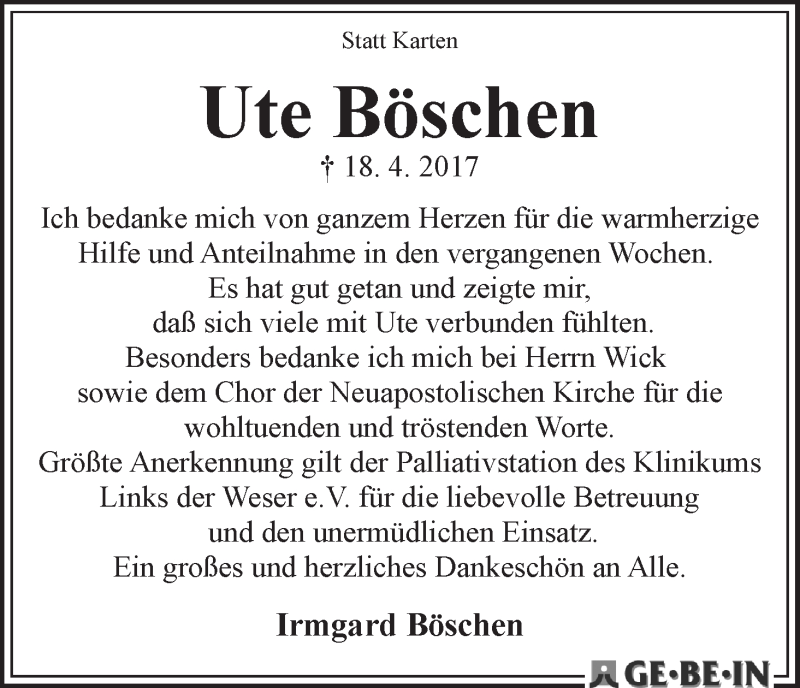 Traueranzeige von Ute Böschen von WESER-KURIER