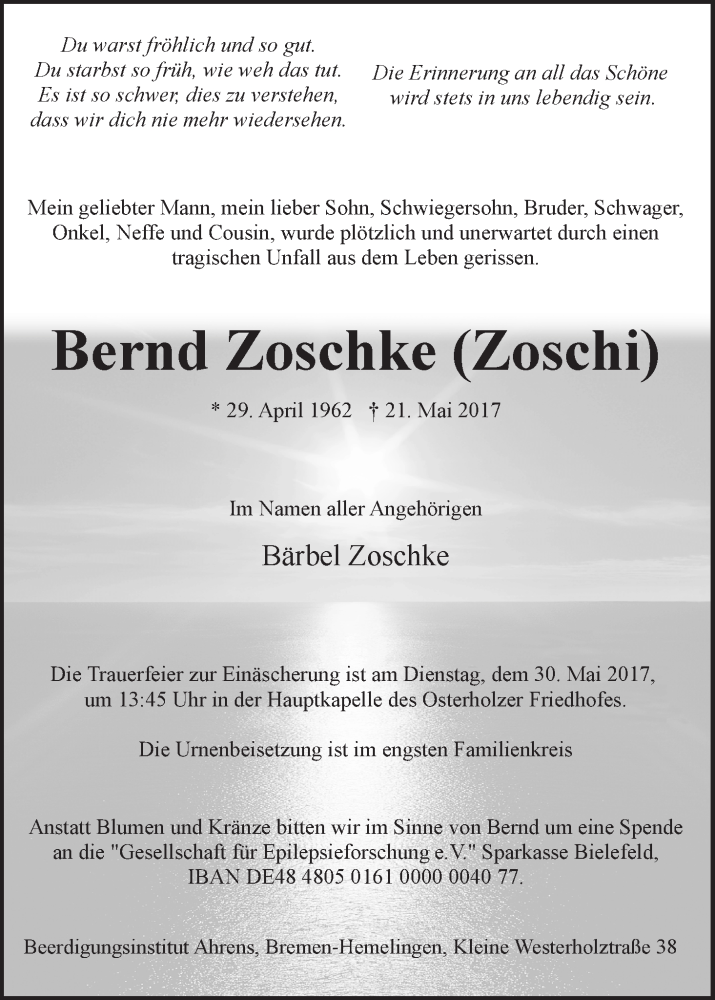 Traueranzeige von Bernd (Zoschi) Zoschke von WESER-KURIER