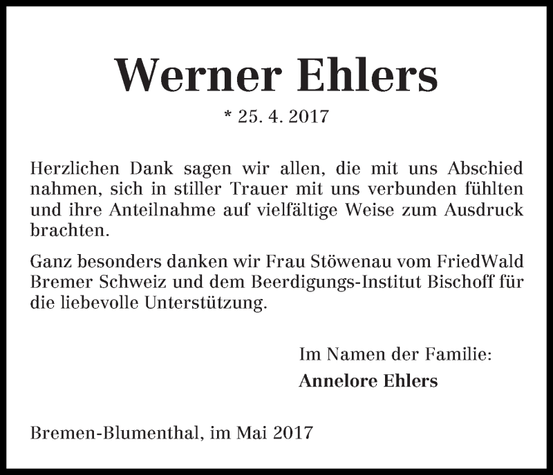 Traueranzeige von Werner Ehlers von Die Norddeutsche