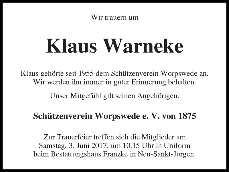 Traueranzeige von Klaus Warneke von Wuemme Zeitung