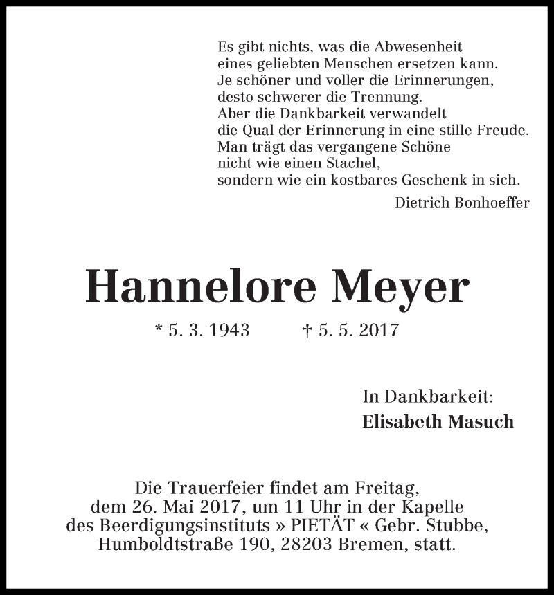 Traueranzeige von Hannelore Meyer von WESER-KURIER