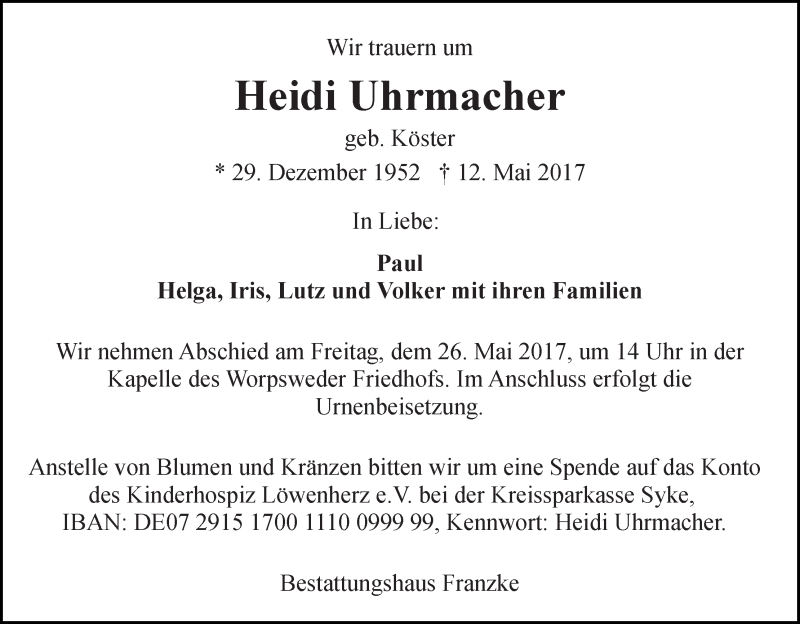 Traueranzeige von Heidi Uhrmacher von Wuemme Zeitung