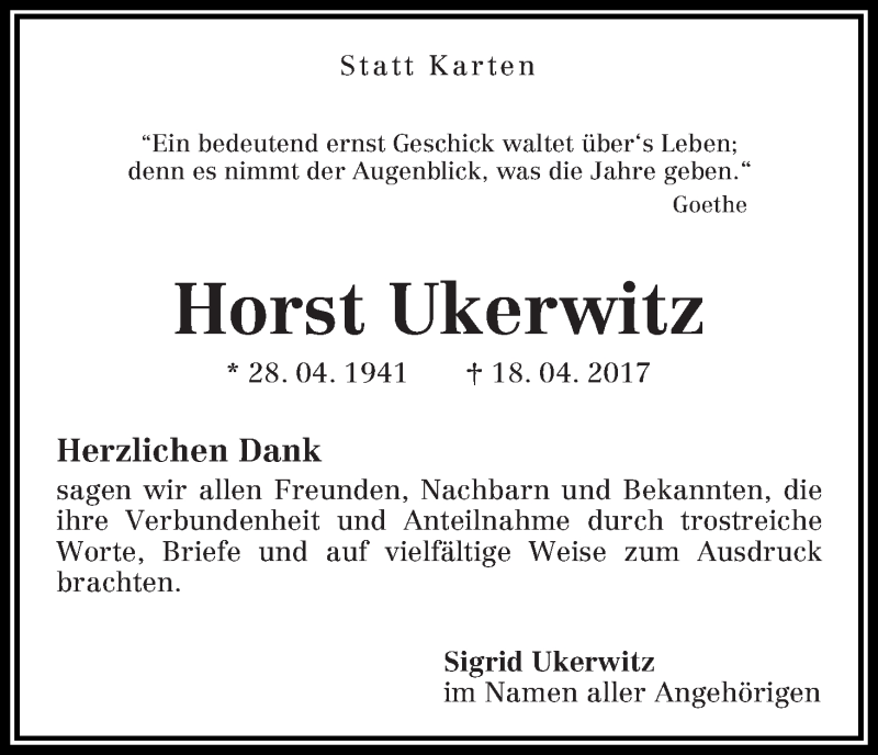 Traueranzeige von Horst Ukerwitz von Die Norddeutsche