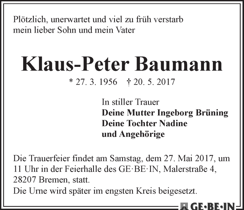 Traueranzeige von Klaus-Peter Baumann von WESER-KURIER