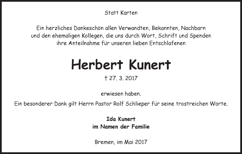 Traueranzeige von Herbert Kunert von WESER-KURIER