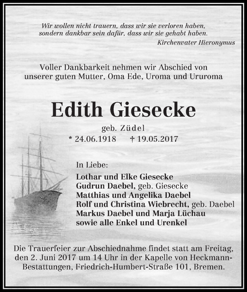 Traueranzeige von Edith Giesecke von Die Norddeutsche