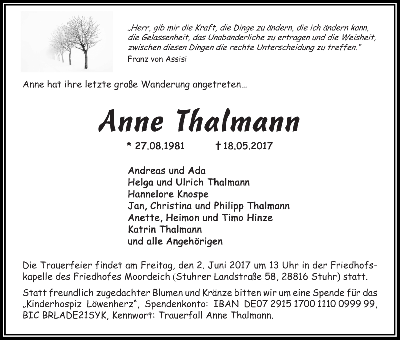 Traueranzeige von Anne Thalmann von WESER-KURIER