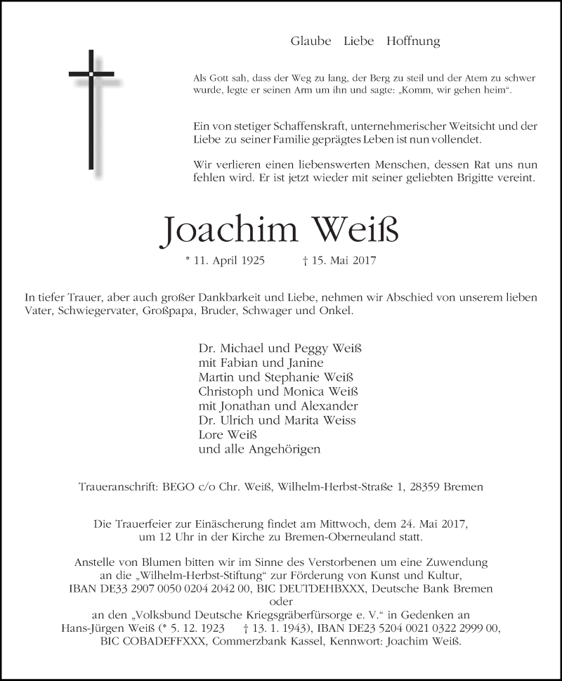 Traueranzeige von Joachim Weiß von WESER-KURIER