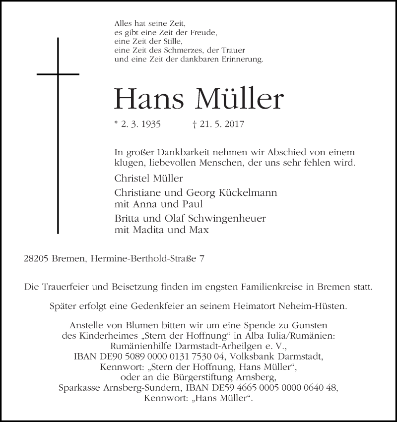 Traueranzeige von Hans Müller von WESER-KURIER