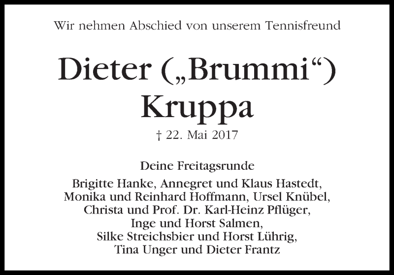 Traueranzeige von Dieter Kruppa von WESER-KURIER