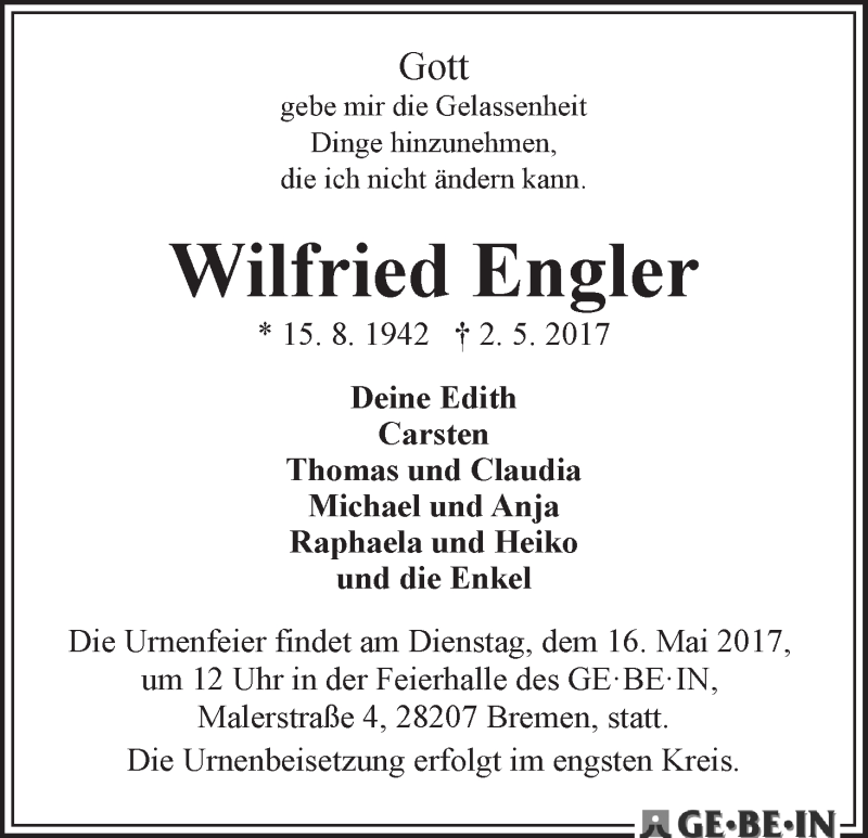 Traueranzeige von Wilfried Engler von WESER-KURIER