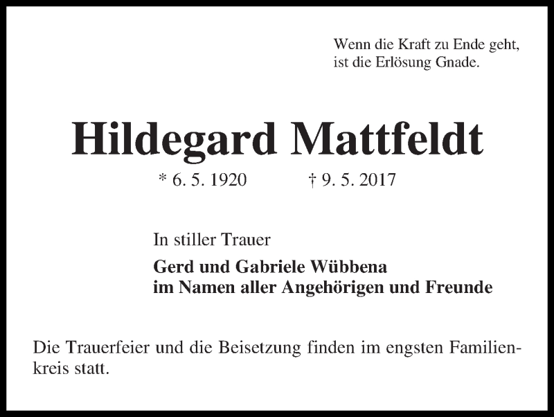 Traueranzeige von Hildegard Mattfeldt von WESER-KURIER