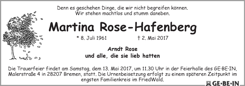 Traueranzeige von Martina Rose-Hafenberg von WESER-KURIER