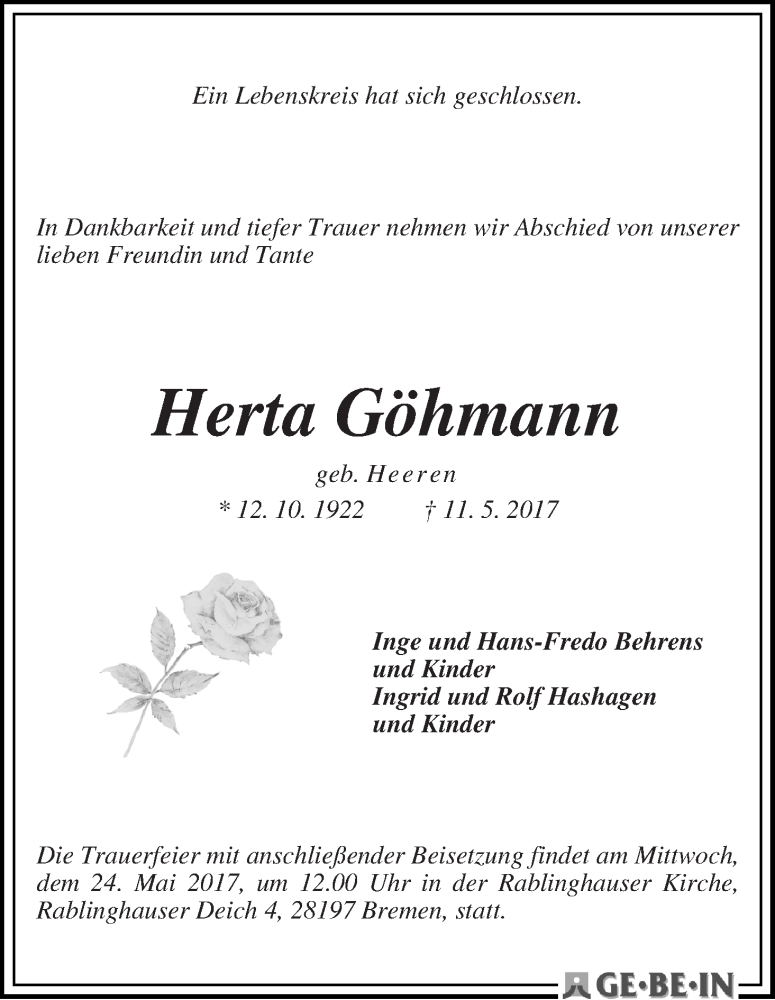 Traueranzeige von Herta Göhmann von WESER-KURIER