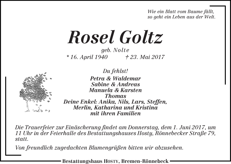 Traueranzeige von Rosel Goltz von Die Norddeutsche