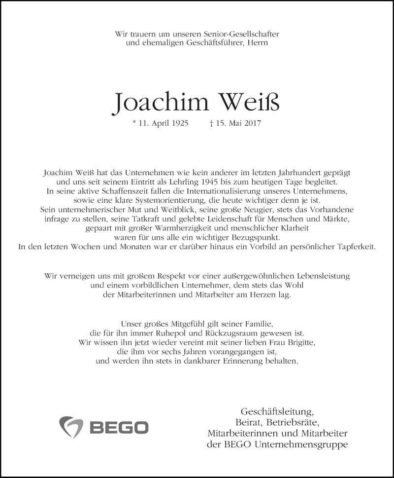 Traueranzeige von Joachim Weiß von WESER-KURIER
