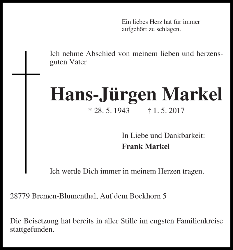 Traueranzeige von Hans-Jürgen Markel von Die Norddeutsche