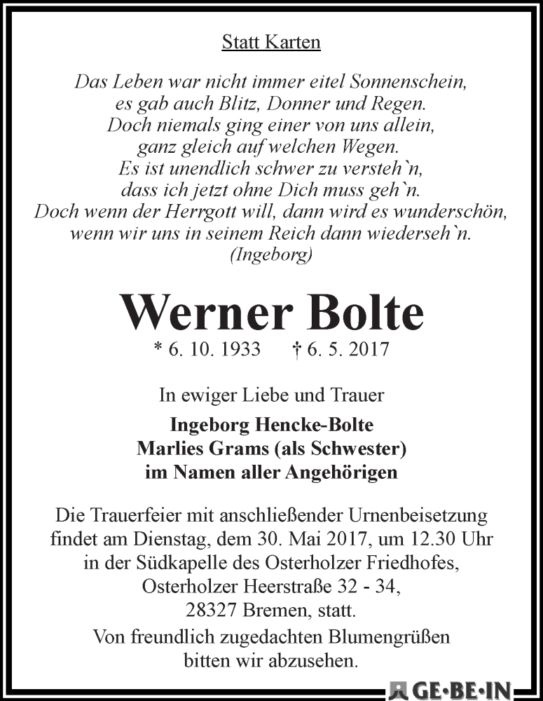 Traueranzeige von Werner Bolte von WESER-KURIER