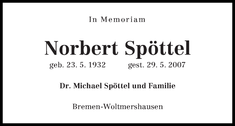Traueranzeige von Norbert Spöttel von Achimer Kurier/Verdener Nachrichten