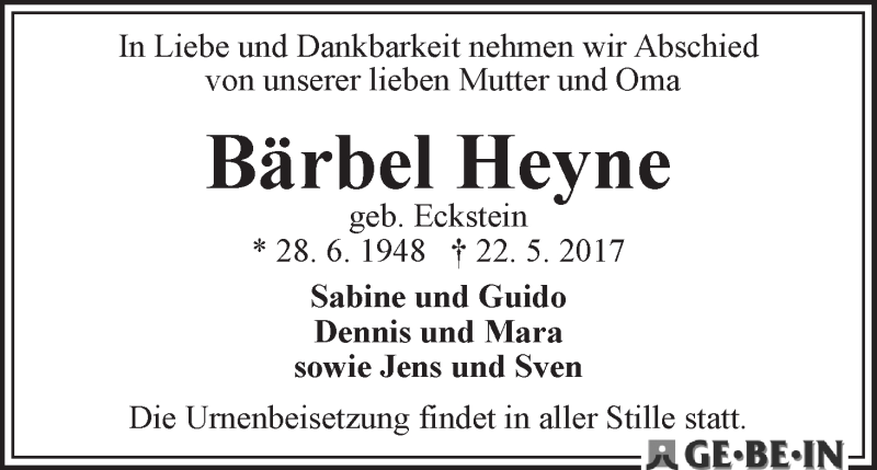 Traueranzeige von Bärbel Heyne von WESER-KURIER