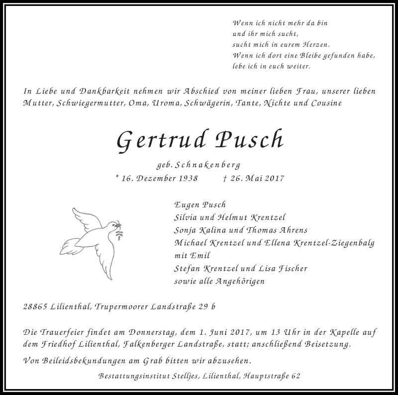 Traueranzeige von Gertrud Pusch von Wuemme Zeitung