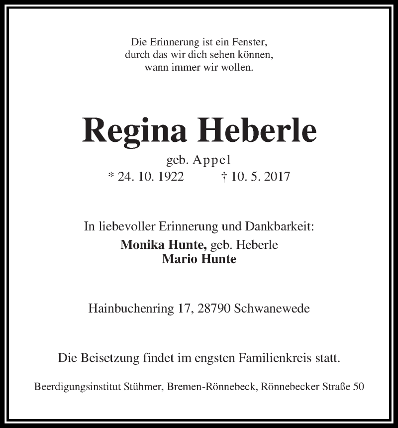Traueranzeige von Regina Heberle von Die Norddeutsche