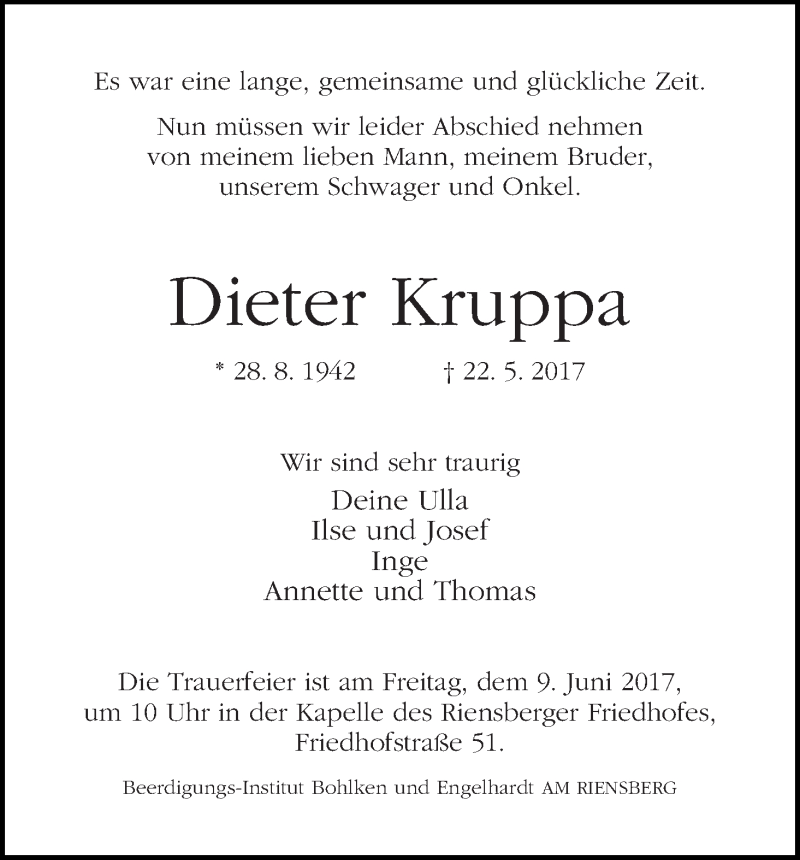 Traueranzeige von Dieter Kruppa von WESER-KURIER