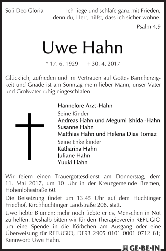 Traueranzeige von Uwe Hahn von WESER-KURIER