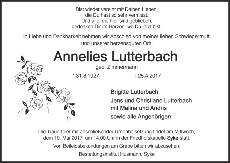 Traueranzeige von Annelies Lutterbach von WESER-KURIER