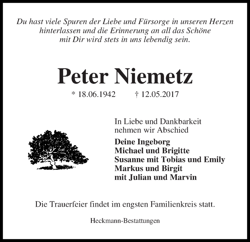 Traueranzeige von Peter Niemetz von WESER-KURIER