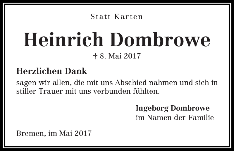 Traueranzeige von Heinrich Dombrowe von Die Norddeutsche