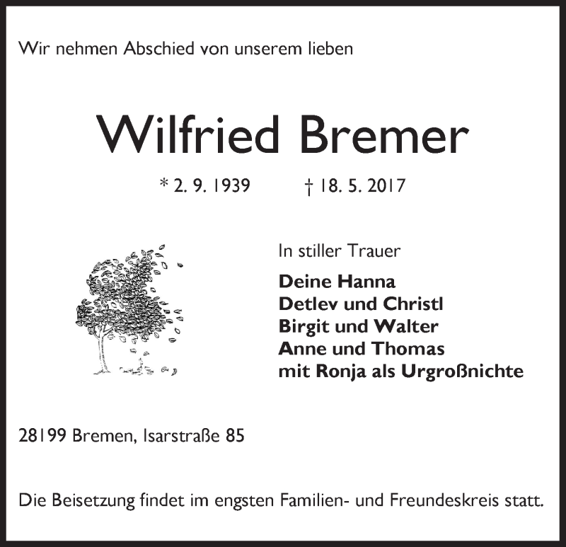 Traueranzeige von Wilfried Bremer von WESER-KURIER